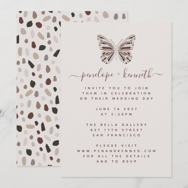 Convites Simple Boho Butterfly Burgundy e Taupe Weding (Frente/Verso)