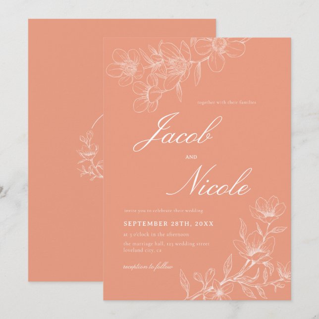Convites Simple Boho Floral Script Coral Wedding (Frente/Verso)