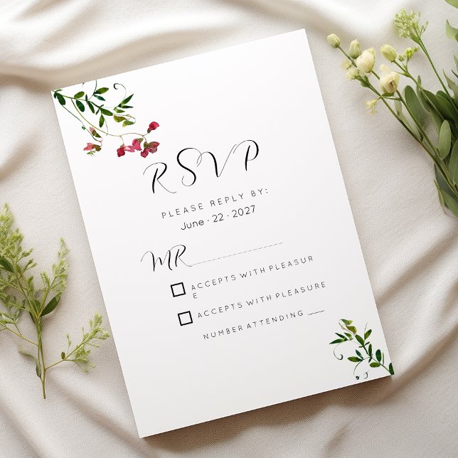 Convites Simple botanic pink red green flowers RSVP (Simple botanic pink red green flowers RSVP)