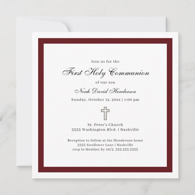 Convites Simple Burgundy and White First Holy Communion  (Frente)