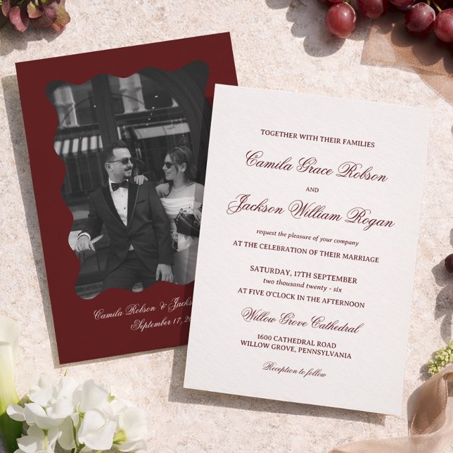 Convites Simple Calligraphy Ivory and Burgundy Wedding  (Criador carregado)