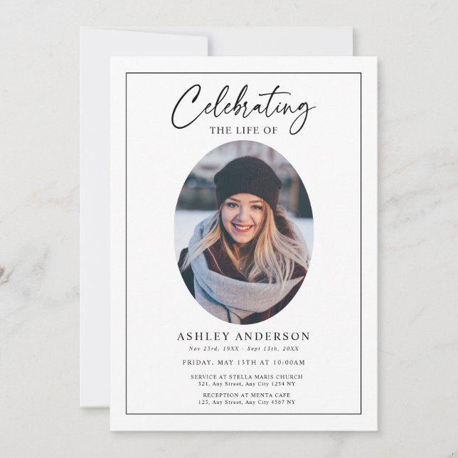 Convites Simple Celebration of Life Black White Funeral (Frente)