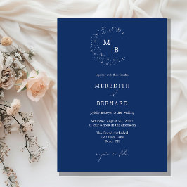 Convites Simple Celestial Elegant Blue Monogram Wedding