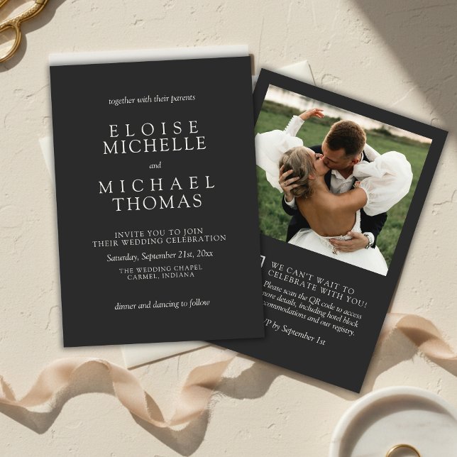 Convites Simple Charcoal Photo Classic QR Code Wedding (Simple Charcoal Photo Classic QR Code Wedding Invitation)