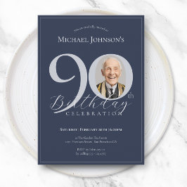 Convites Simple Classy Navy Blue Silver Photo 90th Birthday