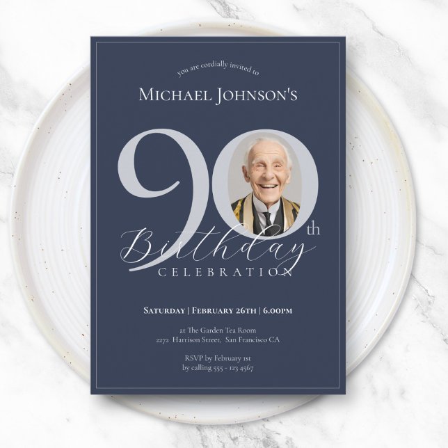 Convites Simple Classy Navy Blue Silver Photo 90th Birthday (Simple Classy Navy Blue Silver Photo 90th Birthday Invitation)