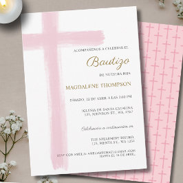 Convites Simple Cross Girl Pink Baptism Bautizo