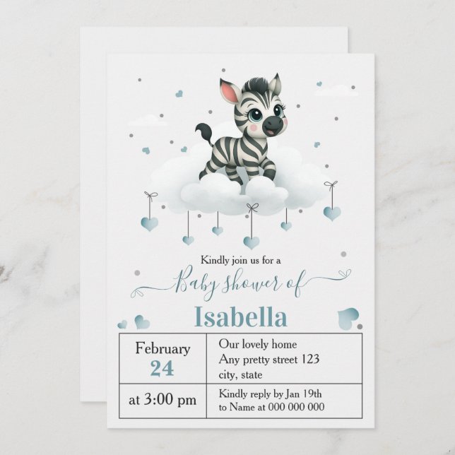 Convites Simple cute little zebra baby shower (Frente/Verso)