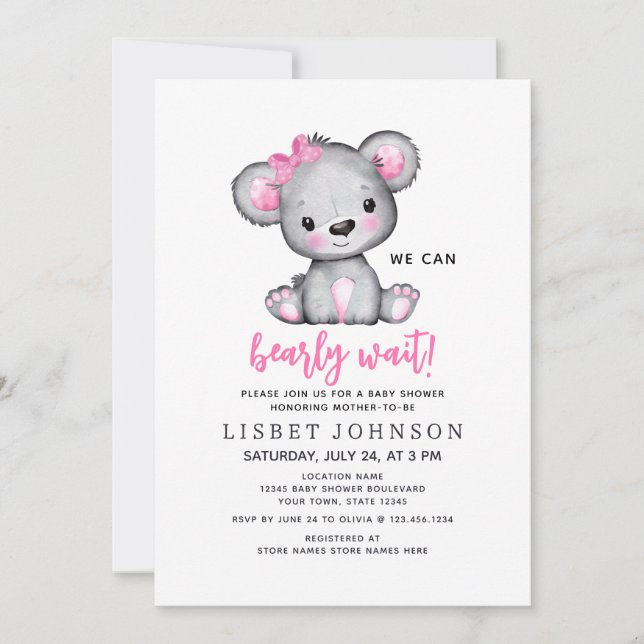 Convites Simple Cute We Can Bearly Wait Pink Baby Shower (Frente)