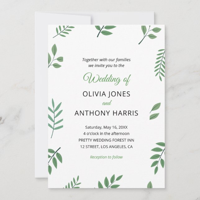 Convites Simple Elegant Botanical Greenery Leaves Wedding  (Frente)