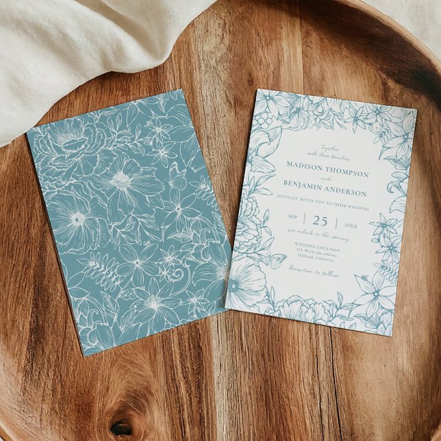Convites Simple Elegant Dusty Blue Floral Garden Wedding (Criador carregado)