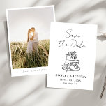 Convites Simple Elegant Modern Photo Wedding Save The Date<br><div class="desc">This simple, elegant, and modern save-the-date wedding photo invitation card is the perfect choice to tell your guests to reserve the date for your special day! The design features a beautiful hand-drawn wedding cake decorated with flowers, with the ´´Save the Date´´ in handwritten script above it. The text under the...</div>