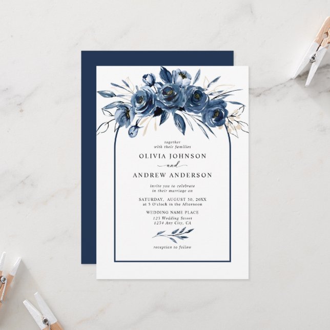 Convites Simple Elegant Navy Blue Boho Floral Arch Wedding (Frente/Verso In Situ)