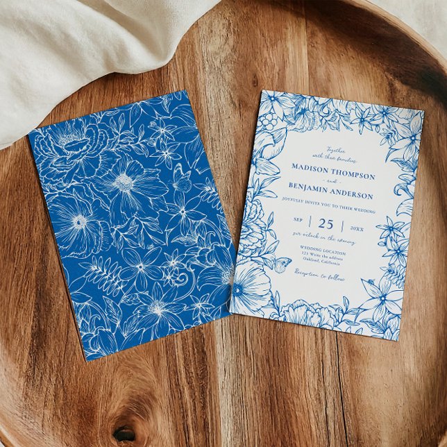 Convites Simple Elegant Royal Blue Floral Garden Wedding (Criador carregado)