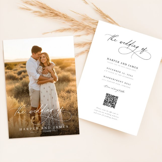 Convites Simple Elegant Script QR Code Photo Budget Wedding (Criador carregado)