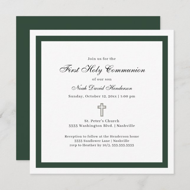 Convites Simple Emerald Green White First Holy Communion  (Frente/Verso)