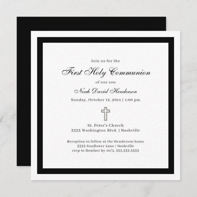 Convites Simple First Holy Communion Black White Invitation (Frente/Verso)