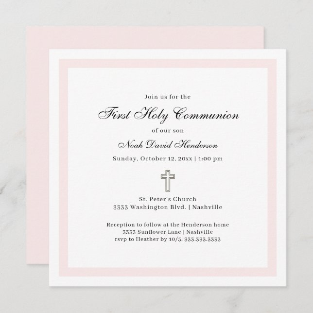 Convites Simple First Holy Communion Pink White (Frente/Verso)