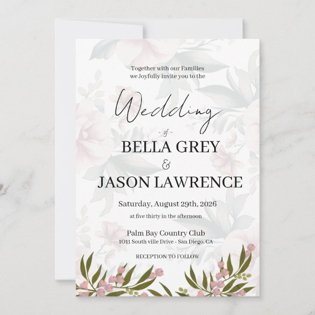 Convites Simple flower Black & White Wedding Invitation (Frente)