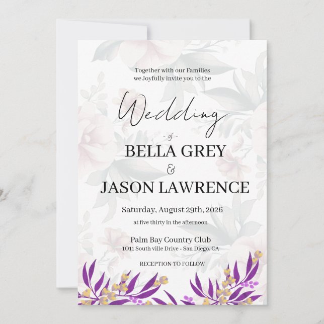 Convites Simple flower Black & White Wedding Invitation (Frente)
