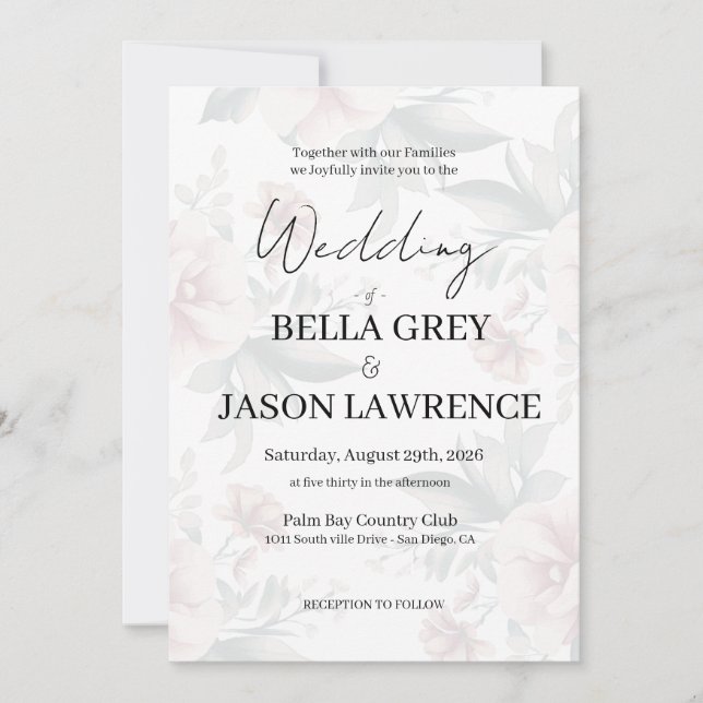 Convites Simple flower Black & White Wedding Invitation (Frente)
