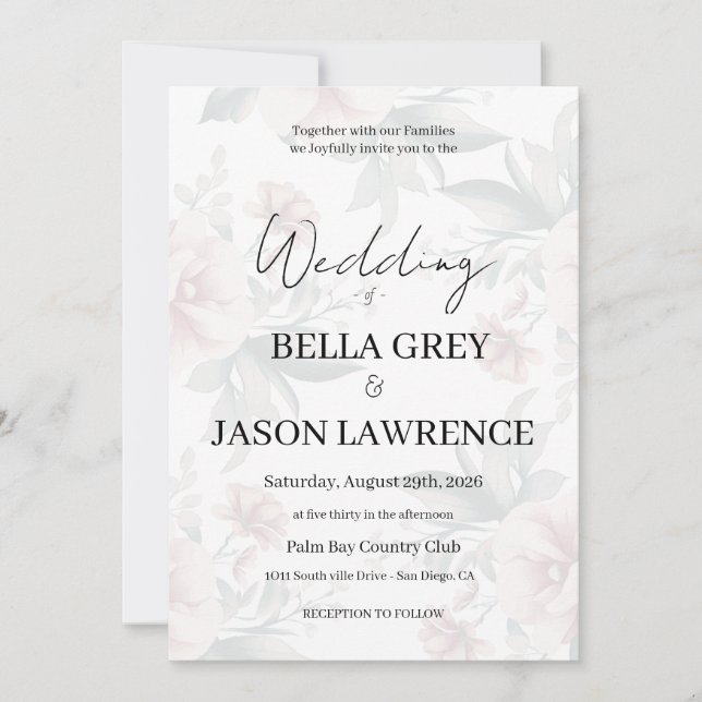 Convites Simple flower Black & White Wedding Invitation (Frente)