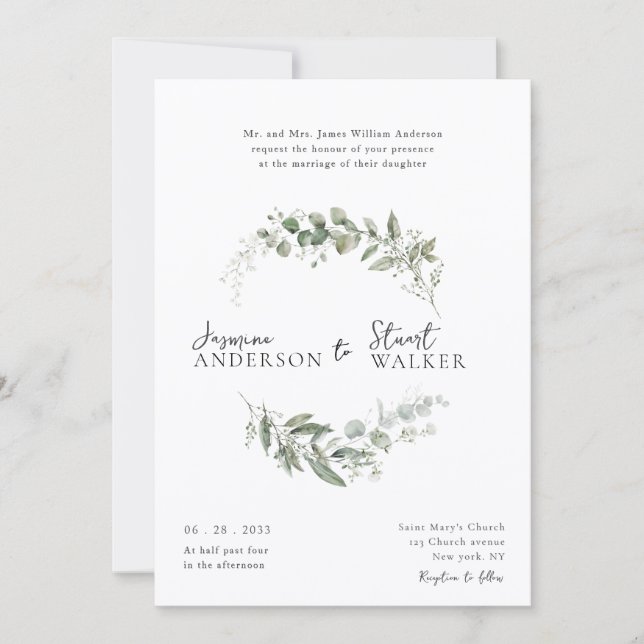 Convites simple fun Eucalyptus Wreath Greenery Wedding  (Frente)