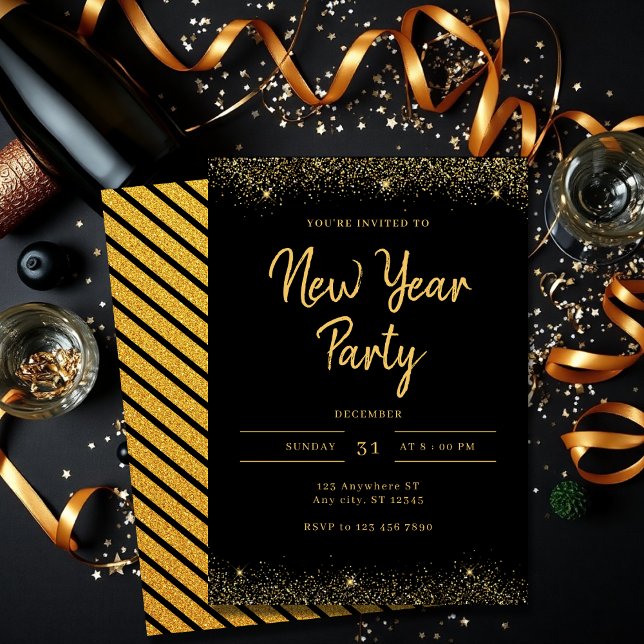 Convites Simple Gold and Black Sparkle New Year Party (Criador carregado)