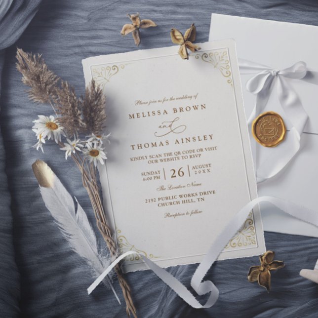Convites Simple Gold Minimalis Elegant Chic QR Code Wedding (Criador carregado)