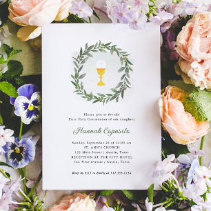 Convites Simple Greenery e Chalice   Primeira Comunhão Sant