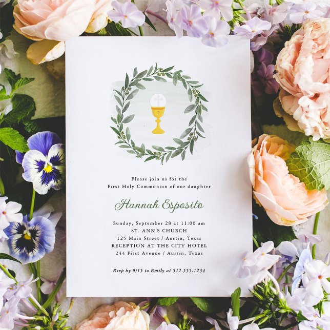 Convites Simple Greenery e Chalice | Primeira Comunhão Sant (Criador carregado)