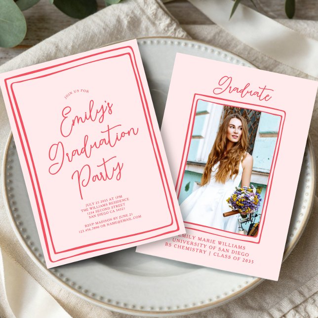 Convites Simple Hand Drawn Graduation Party Photo Pink (Criador carregado)