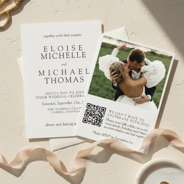 Convites Simple Ivory Photo Classic QR Code Wedding (Simple Ivory Photo Classic QR Code Wedding Invitation)