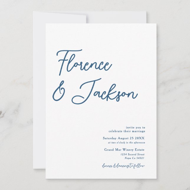 Convites Simple Minimal Handwritten Wedding Photo Blue  (Frente)