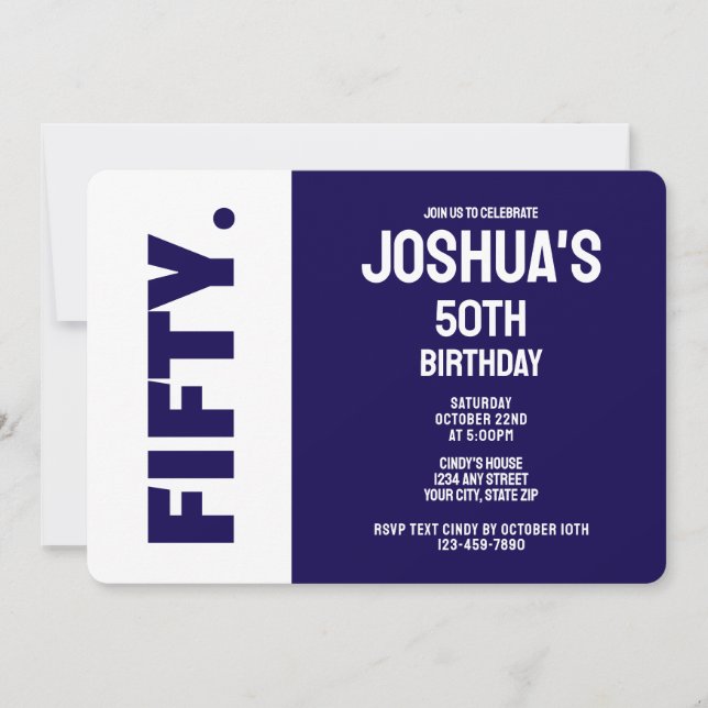 Convites Simple Modern Blue and White 50th Birthday (Frente)