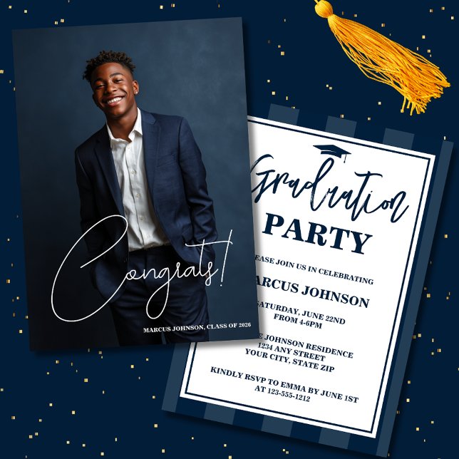 Convites Simple Modern Blue Photo 2026 Graduation Party (Criador carregado)