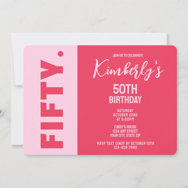 Convites Simple Modern Bold Pink & Red 50th Birthday (Frente)