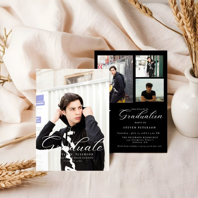 Convites Simple Modern Calligraphy Photo Black Graduation  (Criador carregado)