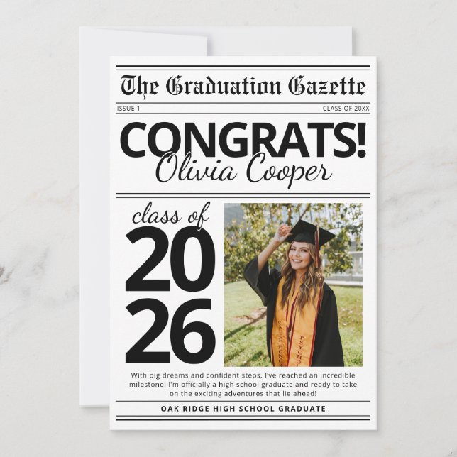 Convites Simple Modern Newspaper Graduation Announcement (Frente)