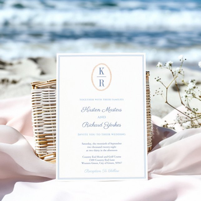 Convites Simple Nautical Monogram Blue And White Wedding (Simple nautical inspired wedding invitation with a couples monogram with fisherman rope details)