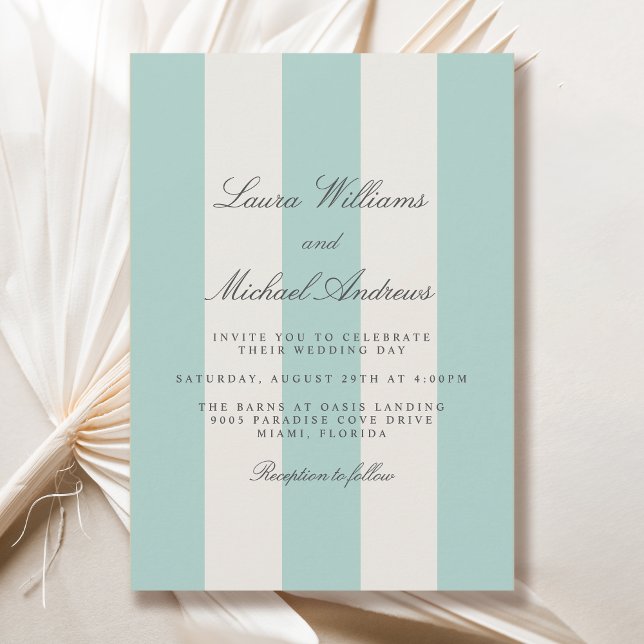 Convites Simple Pale Teal Cabana Stripes Wedding (Available in both printed and instant download digital formats.)