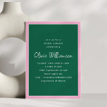 Convites Simple Pink and Green Modern Trendy Bridal Shower<br><div class="desc">This minimalist bridal shower invitation features bold white type on a deep green background with a playful blush pink border. Sleek, stylish, and easy to personalize with event details, it’s ideal for the modern bride. Great for garden parties, brunches, or city soirées, this clean design works beautifully for any bridal...</div>