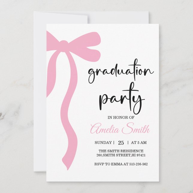 Convites Simple  Pink  Bow graduation party invitation (Frente)