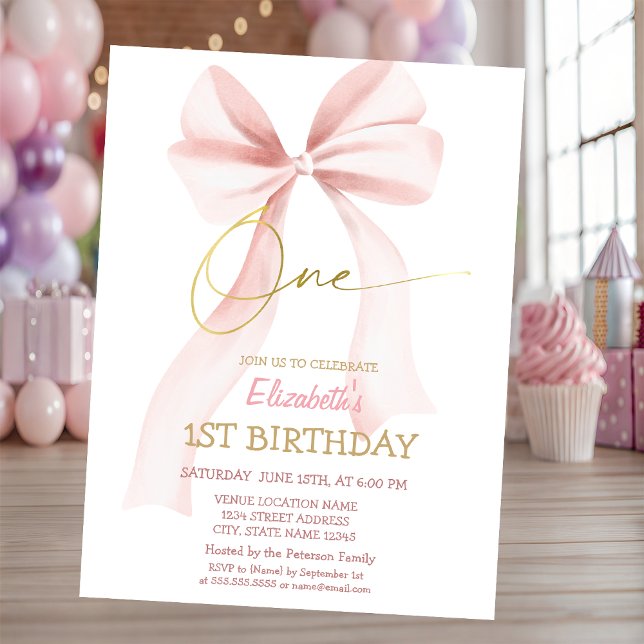 Convites Simple Pink Bow Pink Striped 1st Birthday  (Criador carregado)