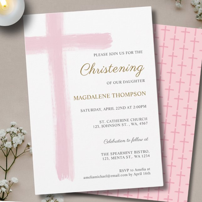 Convites Simple Pink Cross Girl Christening Baptism (Criador carregado)