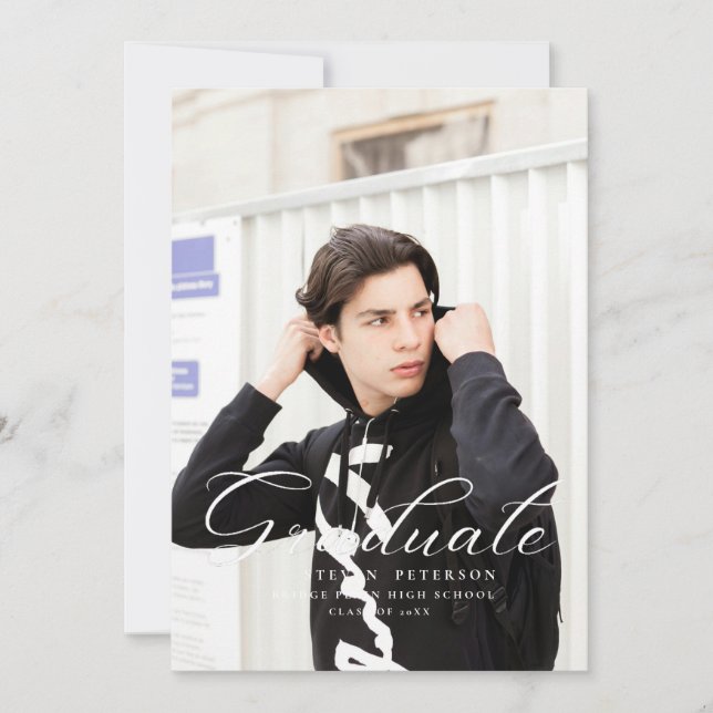 Convites Simple Purple Calligraphy Photo Black Graduation  (Frente)