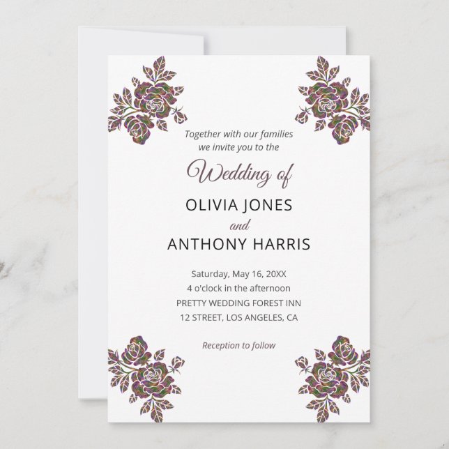 Convites Simple Purple Roses Elegant Modern Floral Wedding  (Frente)
