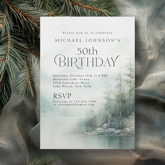 Convites Simple Rustic Mountain Lake 50th Birthday (Available in both printed and instant download digital formats.)