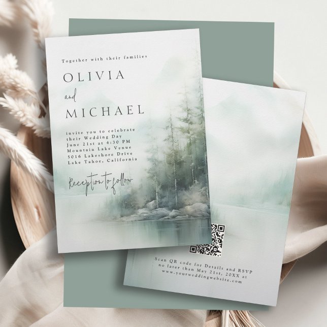 Convites Simple Rustic Mountain Lake Misty Pines Wedding (Available in both printed and instant download digital formats.)