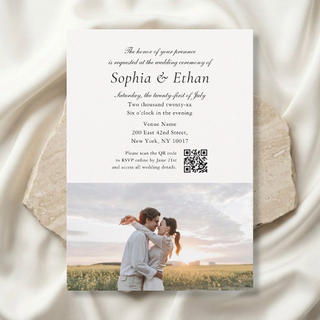 Convites Simple Script 2 Photo QR Code Off White Wedding (Criador carregado)
